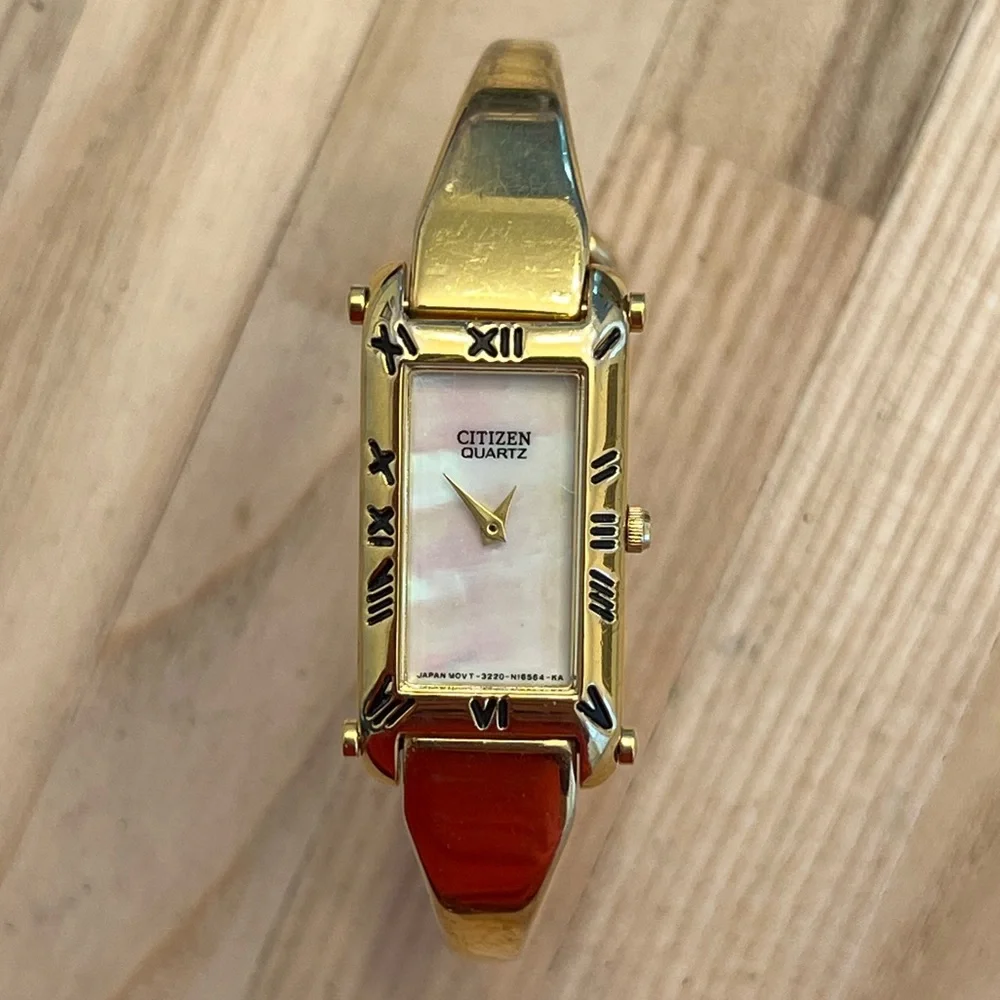 Citizen Ladies Watch Gold-Tone Bangle Bracelet Rainbow Pearl Rectangular Dial